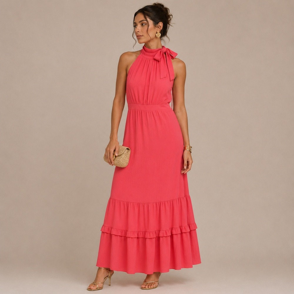 Chetta‎ B Coral Pink High Neck Maxi Dress Tiered Ruffle Bow Detail Womens 10